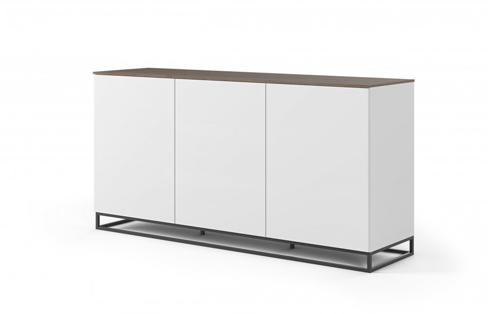 Buffet WHITY blanc mat 180cm 3 portes Plateau noyer piètement noir